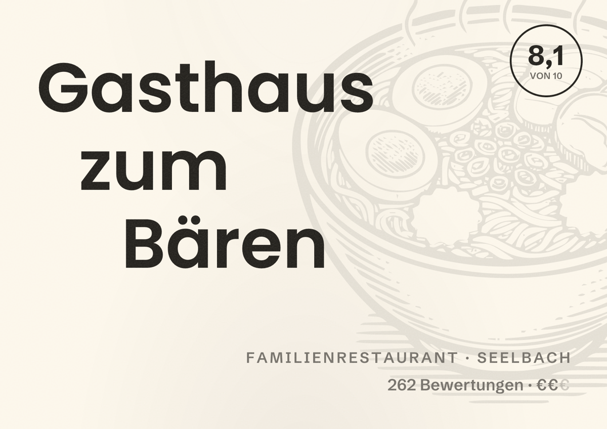Illustriertes Poster von Gasthaus zum Bären, Familienrestaurant in Seelbach: Bewertung 8,1 von 10 aus 262 Bewertungen, Preisniveau €€