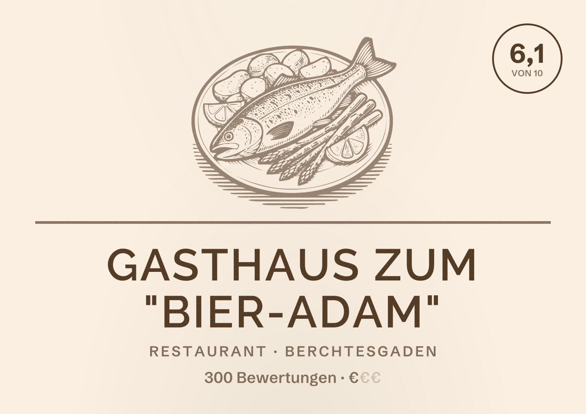 Illustriertes Poster von Gasthaus zum "Bier-Adam", Restaurant in Berchtesgaden: Bewertung 6,1 von 10 aus 300 Bewertungen, Preisniveau €