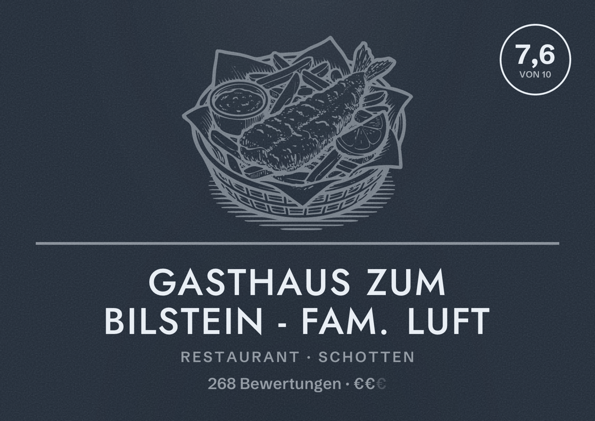 Illustriertes Poster von Gasthaus zum Bilstein - Fam. Luft, Restaurant in Schotten: Bewertung 7,6 von 10 aus 268 Bewertungen, Preisniveau €€