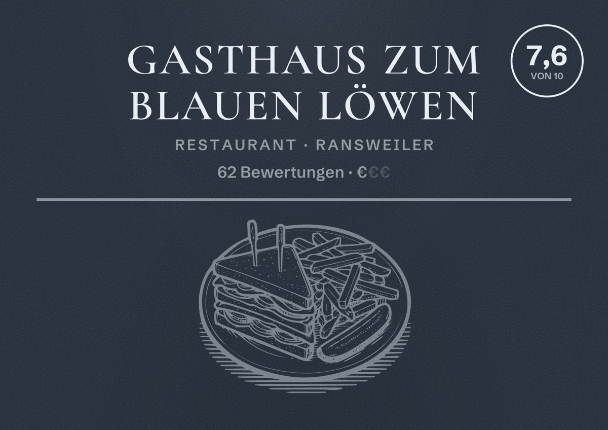 Illustriertes Poster von Gasthaus Zum Blauen Löwen, Restaurant in Ransweiler: Bewertung 7,6 von 10 aus 62 Bewertungen, Preisniveau €