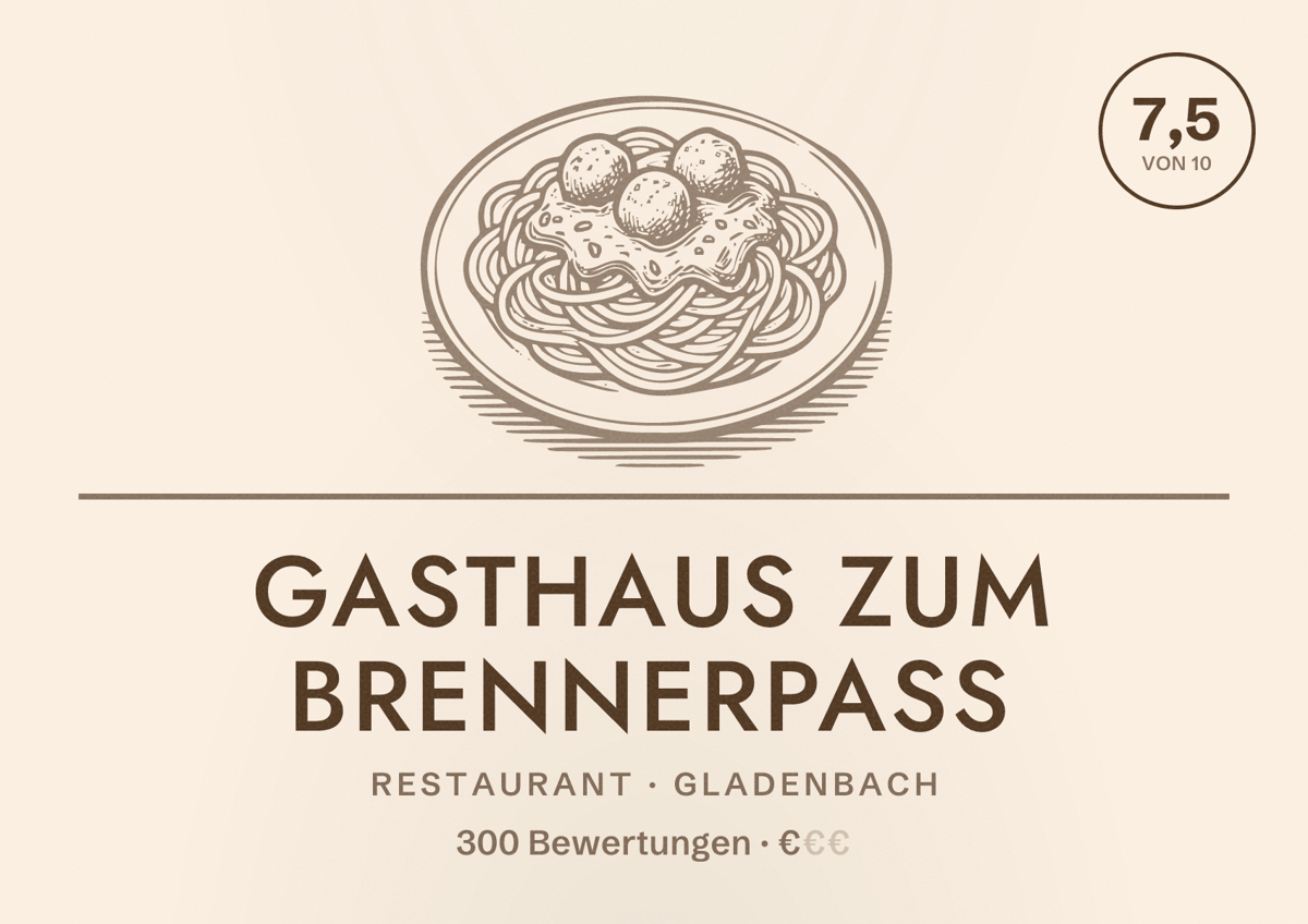 Illustriertes Poster von Gasthaus Zum Brennerpass, Restaurant in Gladenbach: Bewertung 7,5 von 10 aus 300 Bewertungen, Preisniveau €