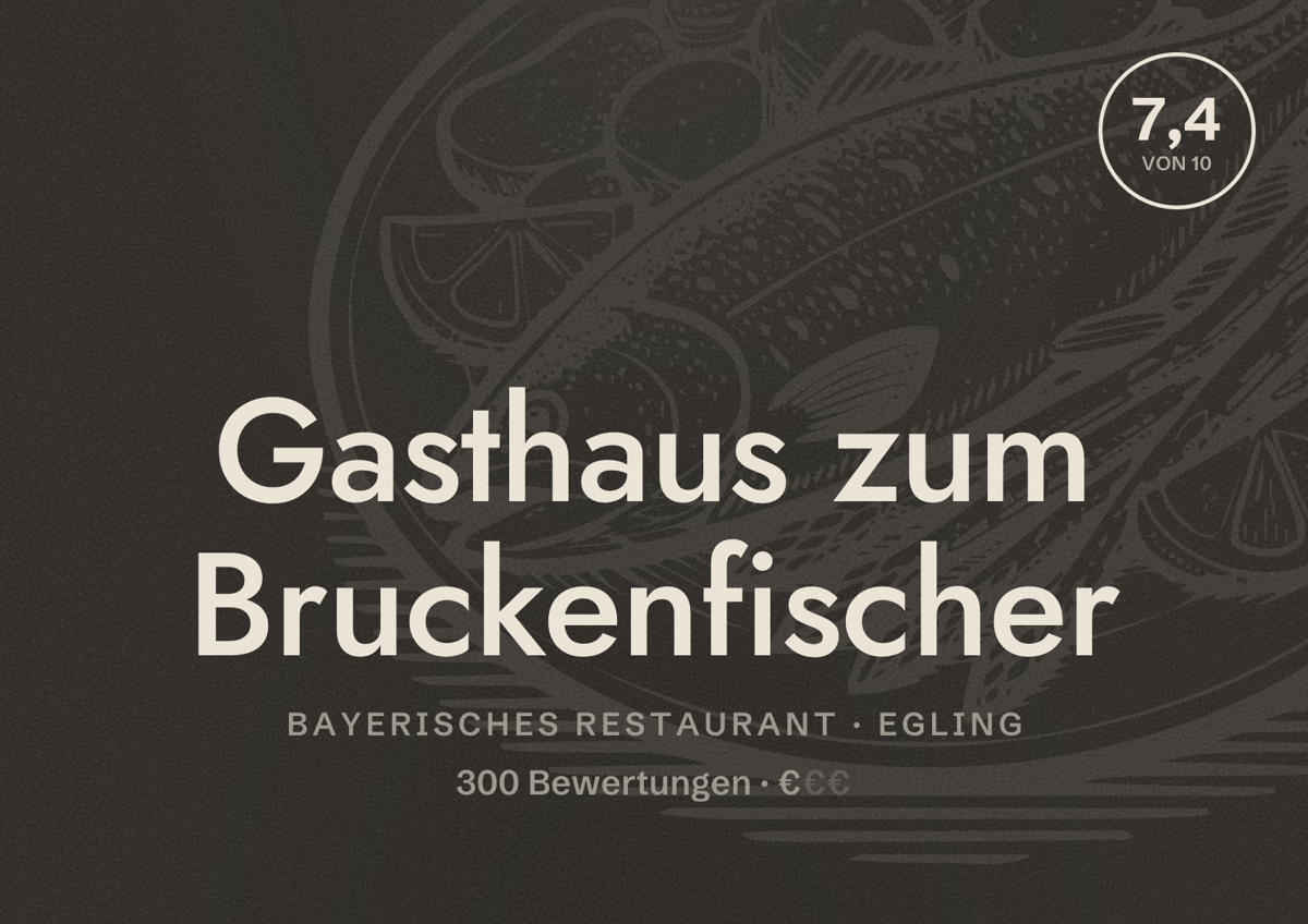Illustriertes Poster von Gasthaus zum Bruckenfischer, Bayerisches Restaurant in Egling: Bewertung 7,4 von 10 aus 300 Bewertungen, Preisniveau €