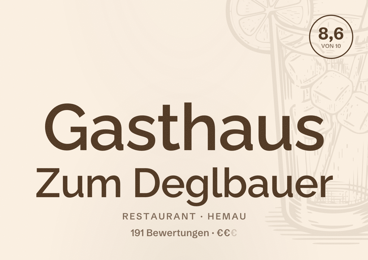 Illustriertes Poster von Gasthaus Zum Deglbauer, Restaurant in Hemau: Bewertung 8,6 von 10 aus 191 Bewertungen, Preisniveau €€