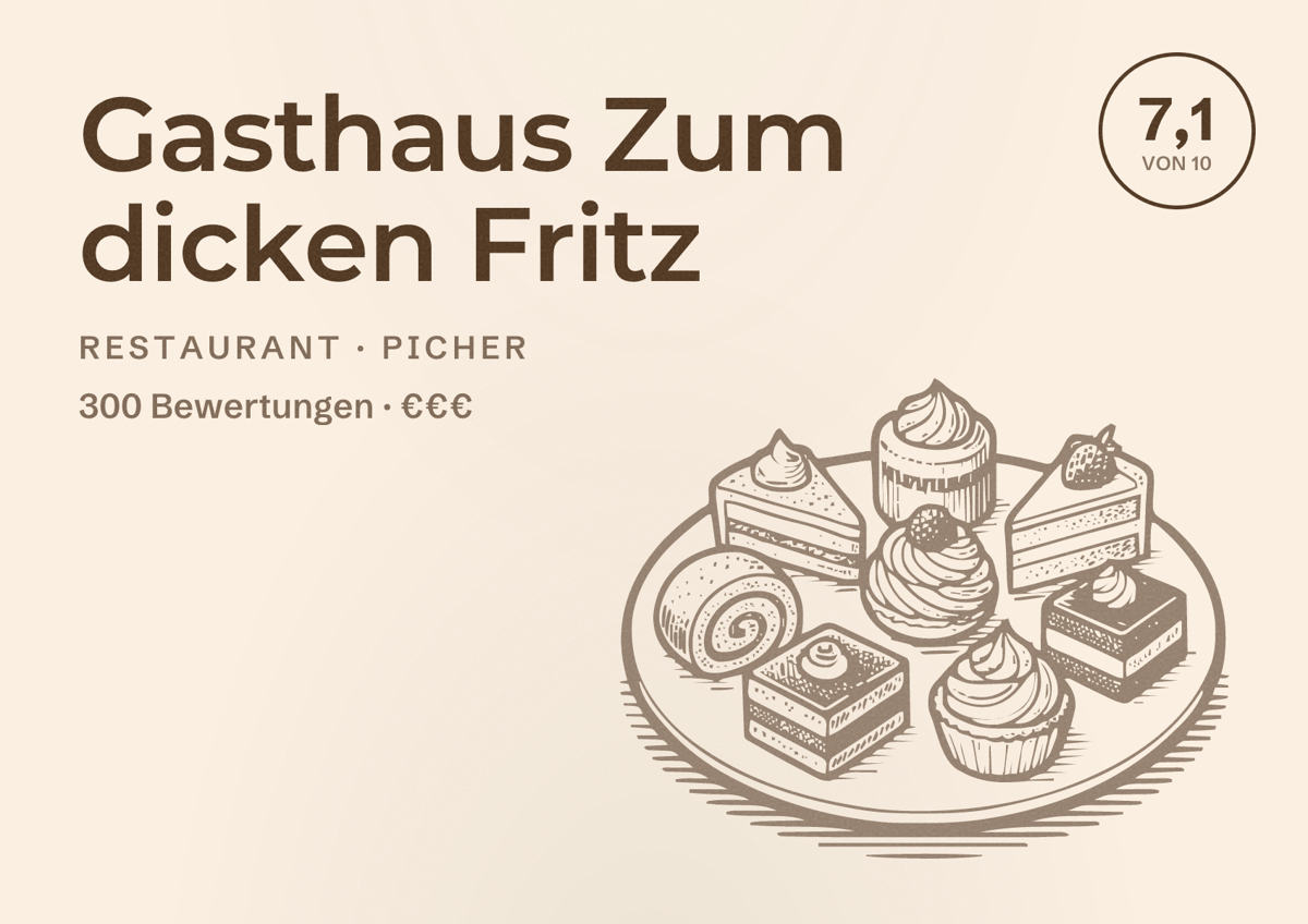 Illustriertes Poster von Gasthaus Zum dicken Fritz, Restaurant in Picher: Bewertung 7,1 von 10 aus 300 Bewertungen, Preisniveau €€€