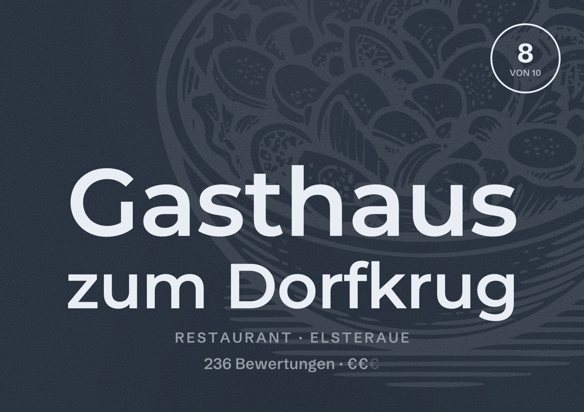 Illustriertes Poster von Gasthaus zum Dorfkrug, Restaurant in Elsteraue: Bewertung 8 von 10 aus 236 Bewertungen, Preisniveau €€