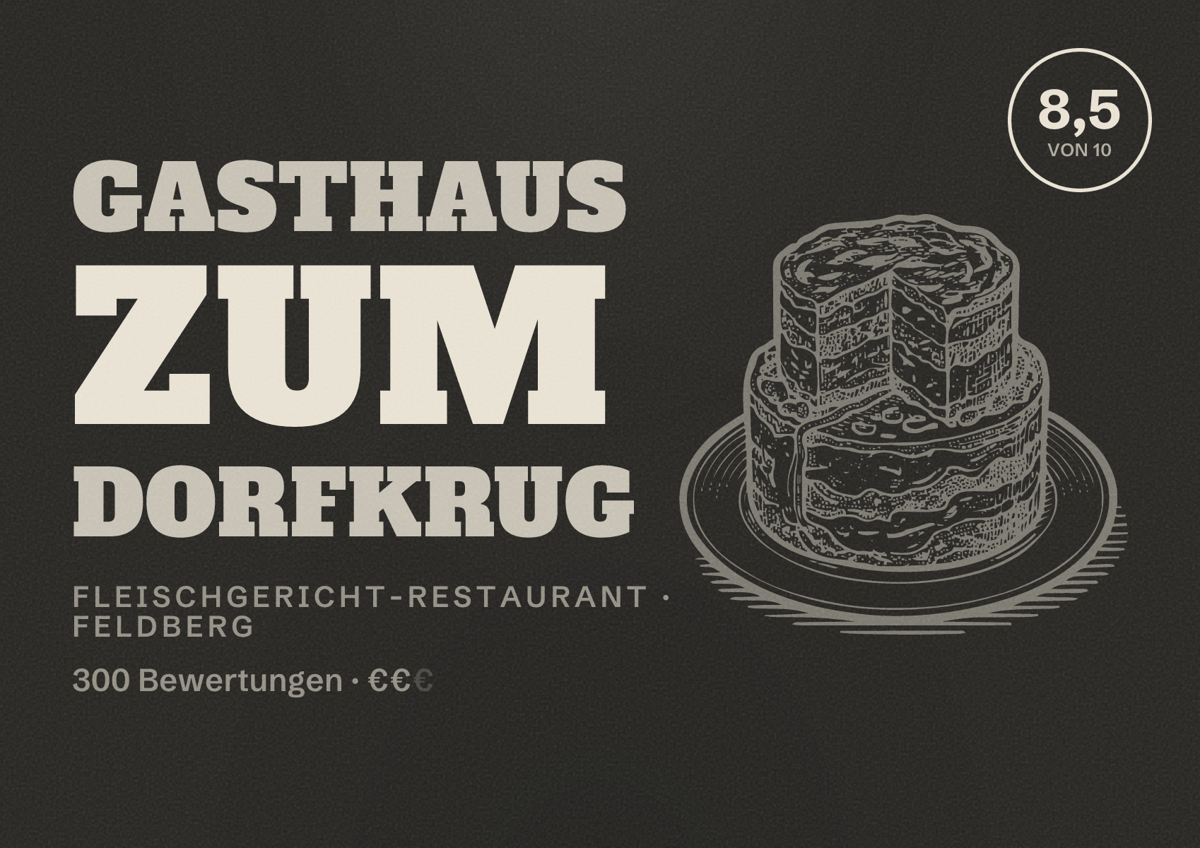 Illustriertes Poster von Gasthaus Zum Dorfkrug, Fleischgericht-Restaurant in Feldberg: Bewertung 8,5 von 10 aus 300 Bewertungen, Preisniveau €€