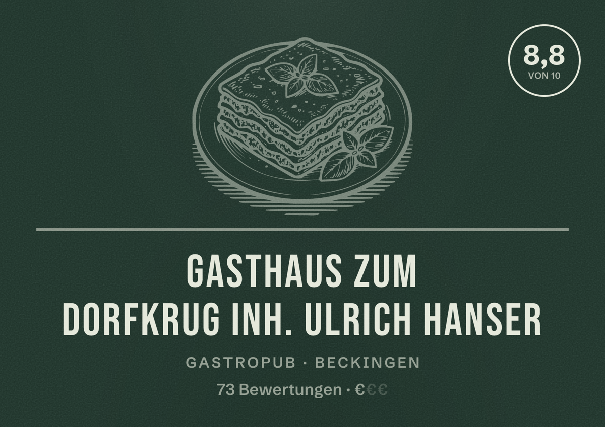 Illustriertes Poster von Gasthaus Zum Dorfkrug Inh. Ulrich Hanser, Gastropub in Beckingen: Bewertung 8,8 von 10 aus 73 Bewertungen, Preisniveau €