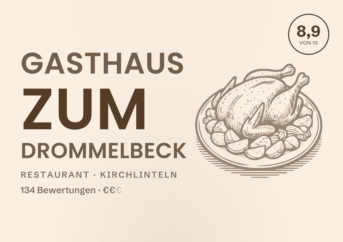 Illustriertes Poster von Gasthaus zum Drommelbeck, Restaurant in Kirchlinteln: Bewertung 8,9 von 10 aus 134 Bewertungen, Preisniveau €€