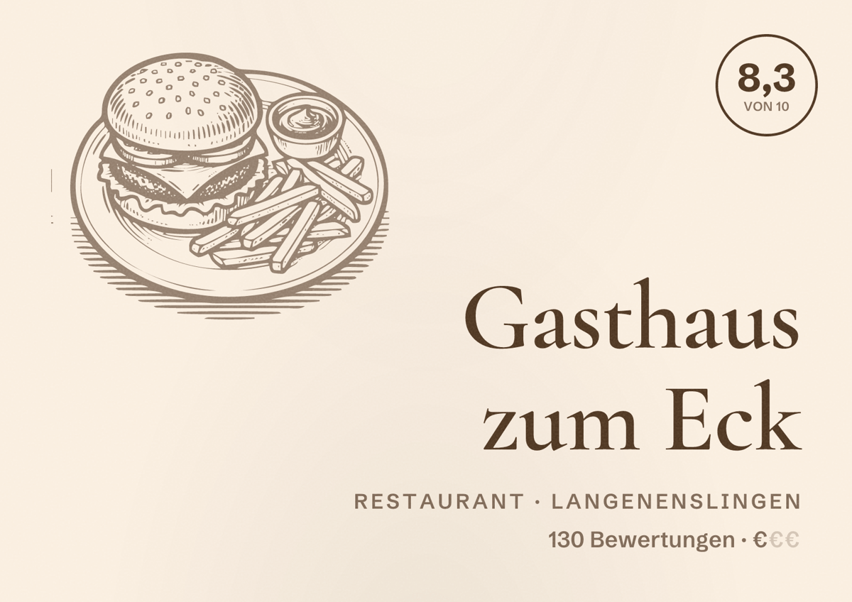 Illustriertes Poster von Gasthaus zum Eck, Restaurant in Langenenslingen: Bewertung 8,3 von 10 aus 130 Bewertungen, Preisniveau €