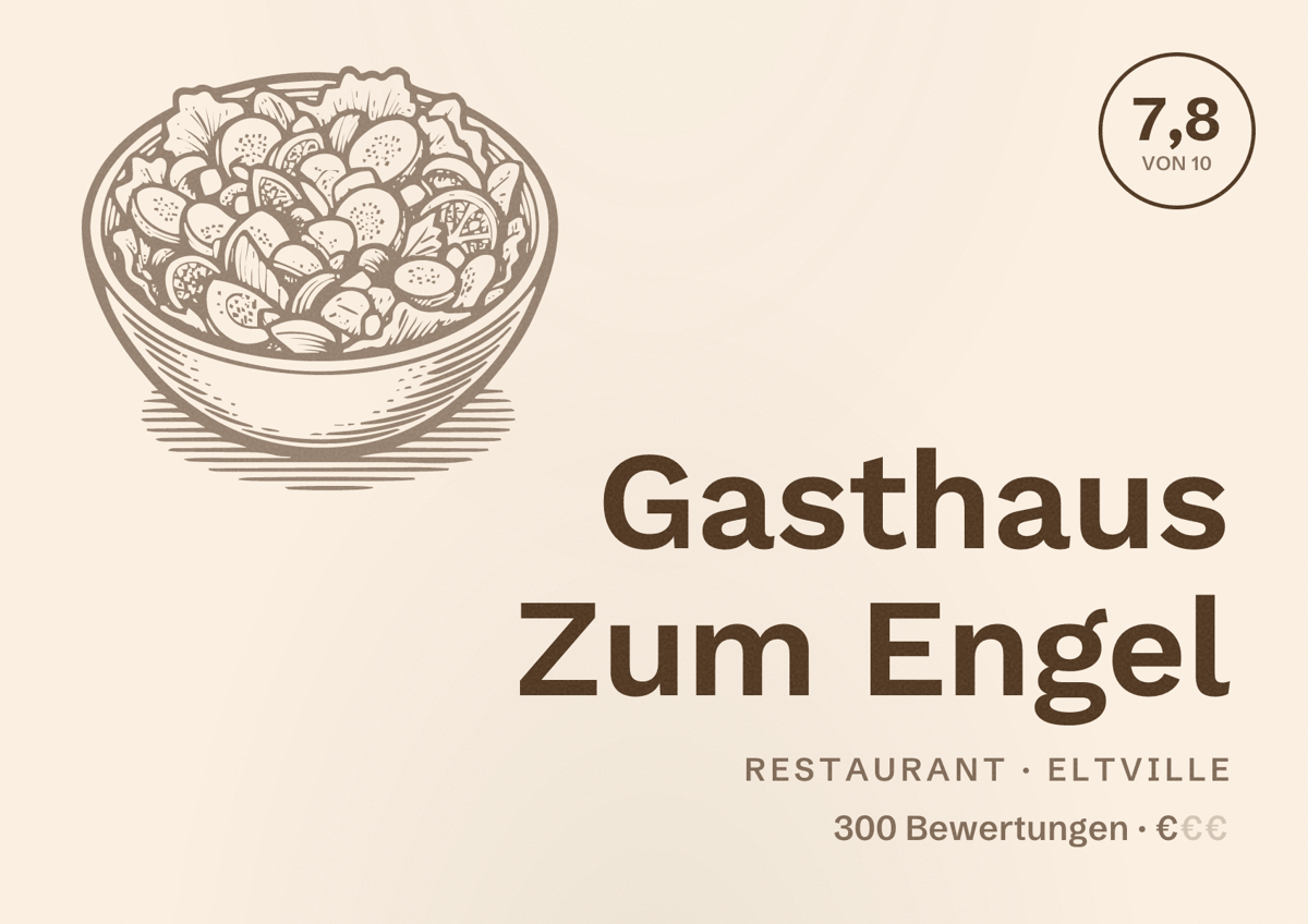 Illustriertes Poster von Gasthaus Zum Engel, Restaurant in Eltville: Bewertung 7,8 von 10 aus 300 Bewertungen, Preisniveau €