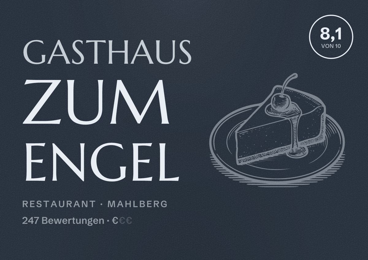 Illustriertes Poster von Gasthaus Zum Engel, Restaurant in Mahlberg: Bewertung 8,1 von 10 aus 247 Bewertungen, Preisniveau €