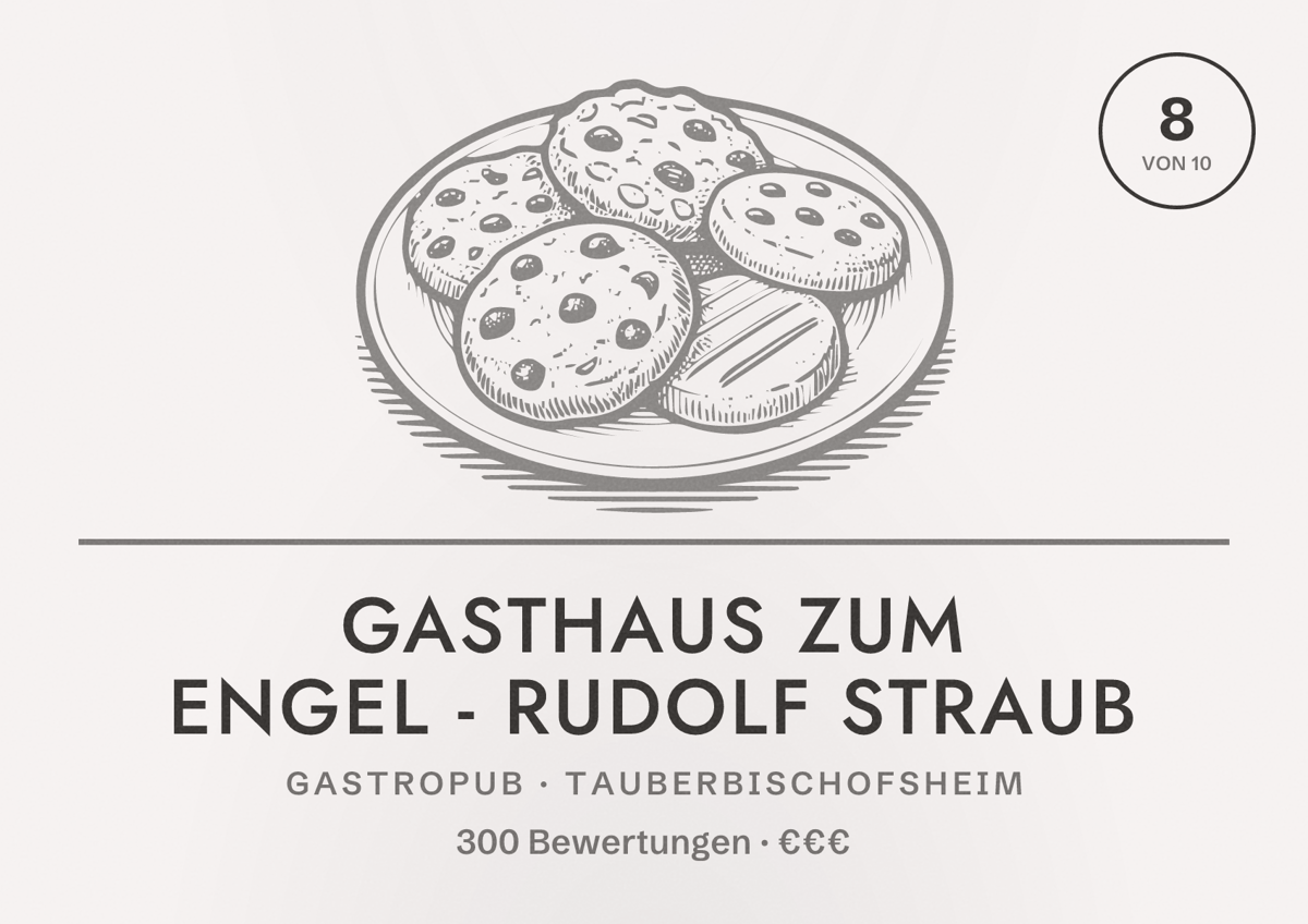 Illustriertes Poster von Gasthaus zum Engel - Rudolf Straub, Gastropub in Tauberbischofsheim: Bewertung 8 von 10 aus 300 Bewertungen, Preisniveau €€€