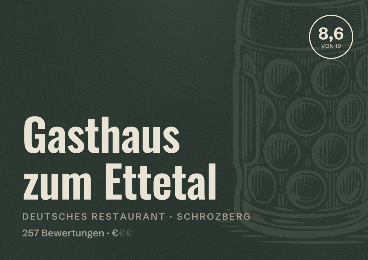 Illustriertes Poster von Gasthaus zum Ettetal, Deutsches Restaurant in Schrozberg: Bewertung 8,6 von 10 aus 257 Bewertungen, Preisniveau €