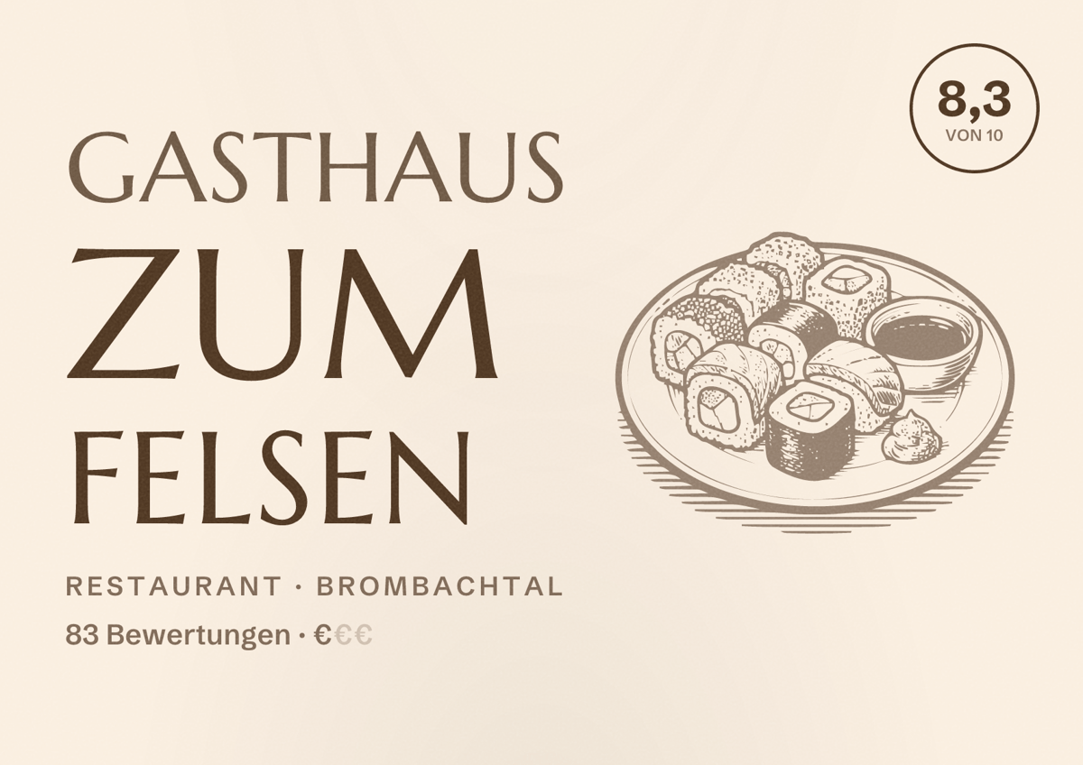 Illustriertes Poster von Gasthaus zum Felsen, Restaurant in Brombachtal: Bewertung 8,3 von 10 aus 83 Bewertungen, Preisniveau €