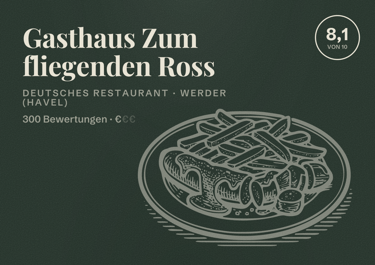 Illustriertes Poster von Gasthaus Zum fliegenden Ross, Deutsches Restaurant in Werder (Havel): Bewertung 8,1 von 10 aus 300 Bewertungen, Preisniveau €