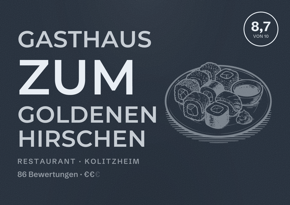 Illustriertes Poster von Gasthaus zum Goldenen Hirschen, Restaurant in Kolitzheim: Bewertung 8,7 von 10 aus 86 Bewertungen, Preisniveau €€