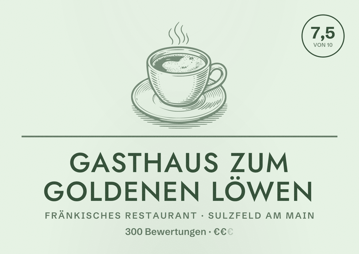 Illustriertes Poster von Gasthaus zum goldenen Löwen, Fränkisches Restaurant in Sulzfeld am Main: Bewertung 7,5 von 10 aus 300 Bewertungen, Preisniveau €€