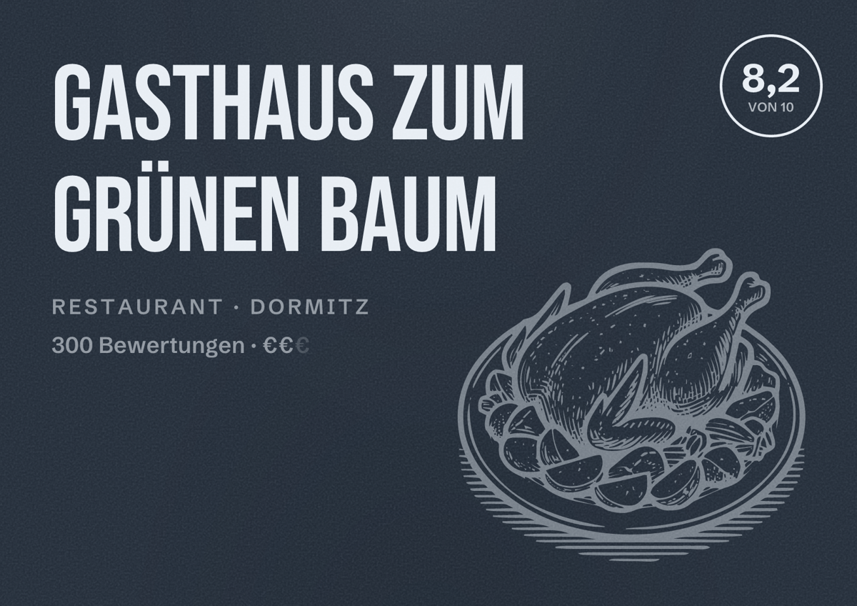Illustriertes Poster von Gasthaus zum Grünen Baum, Restaurant in Dormitz: Bewertung 8,2 von 10 aus 300 Bewertungen, Preisniveau €€