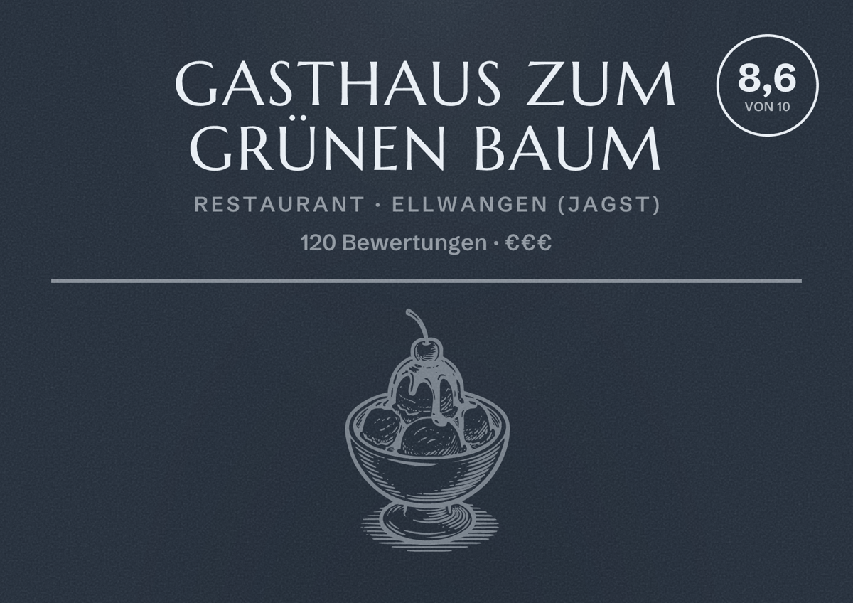 Illustriertes Poster von Gasthaus Zum Grünen Baum, Restaurant in Ellwangen (Jagst): Bewertung 8,6 von 10 aus 120 Bewertungen, Preisniveau €€€