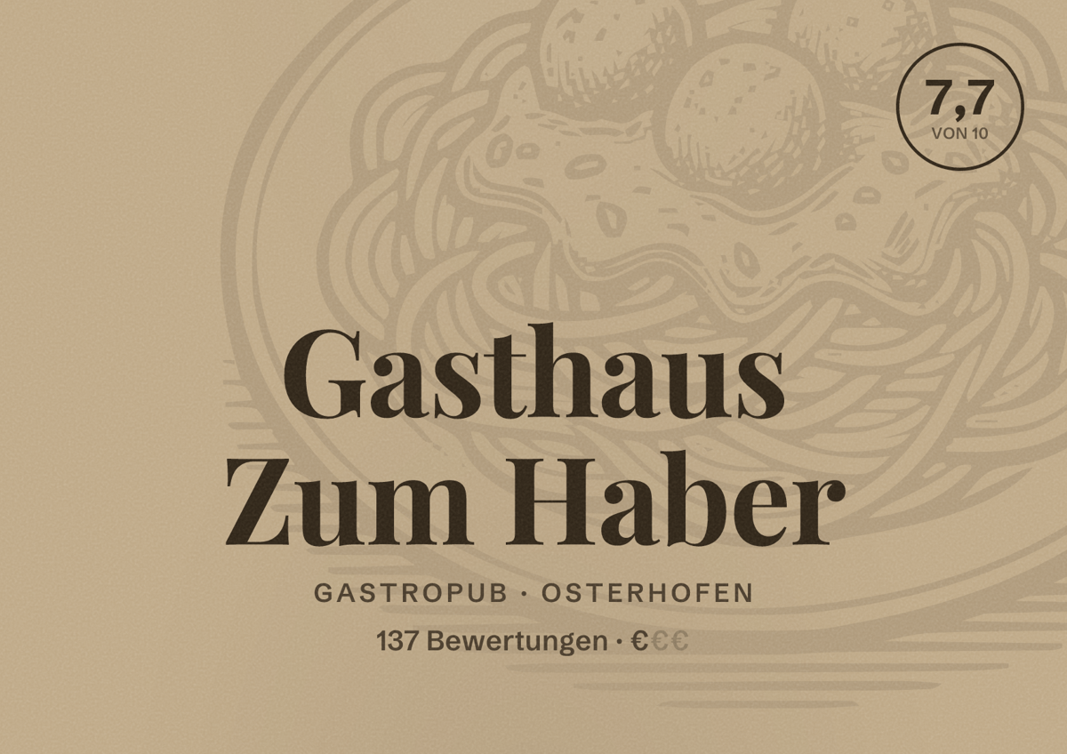Illustriertes Poster von Gasthaus Zum Haber, Gastropub in Osterhofen: Bewertung 7,7 von 10 aus 137 Bewertungen, Preisniveau €