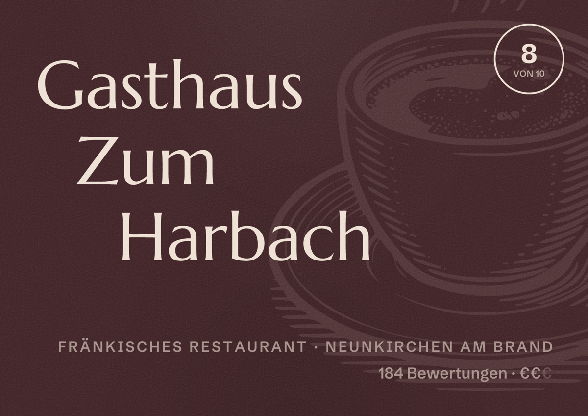 Illustriertes Poster von Gasthaus Zum Harbach, Fränkisches Restaurant in Neunkirchen am Brand: Bewertung 8 von 10 aus 184 Bewertungen, Preisniveau €€