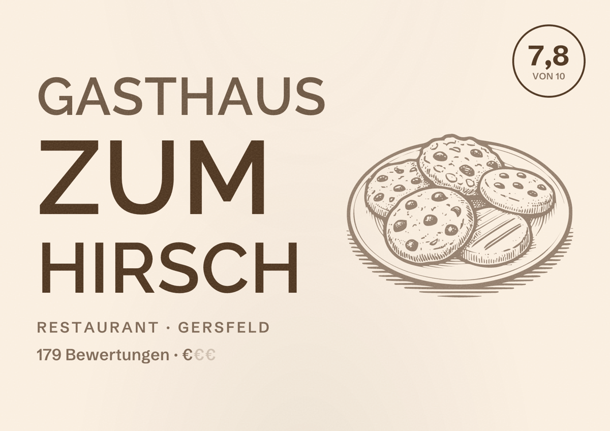 Illustriertes Poster von Gasthaus Zum Hirsch, Restaurant in Gersfeld: Bewertung 7,8 von 10 aus 179 Bewertungen, Preisniveau €