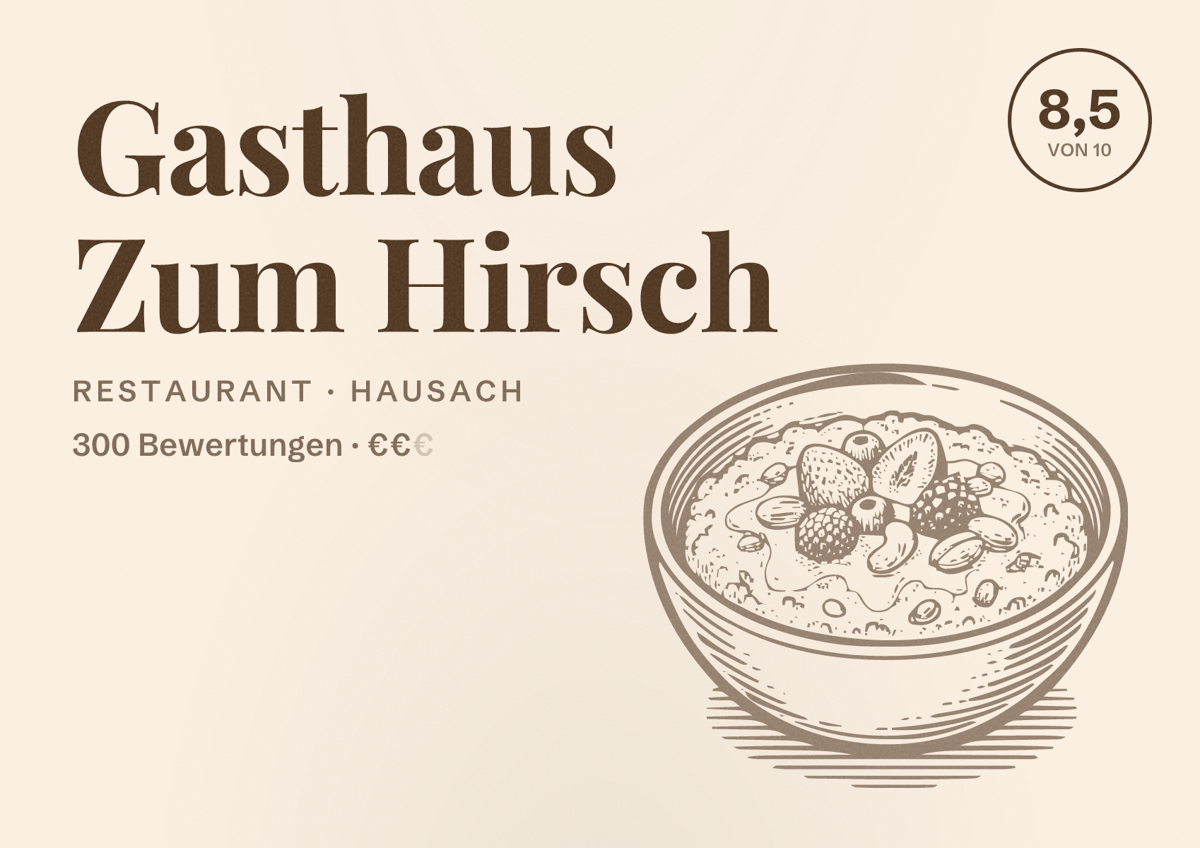 Illustriertes Poster von Gasthaus Zum Hirsch, Restaurant in Hausach: Bewertung 8,5 von 10 aus 300 Bewertungen, Preisniveau €€
