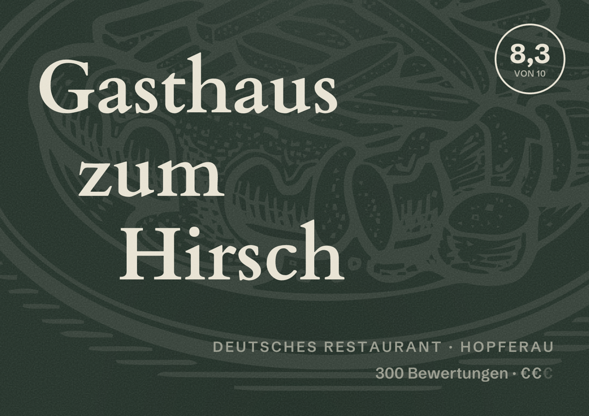 Illustriertes Poster von Gasthaus zum Hirsch, Deutsches Restaurant in Hopferau: Bewertung 8,3 von 10 aus 300 Bewertungen, Preisniveau €€
