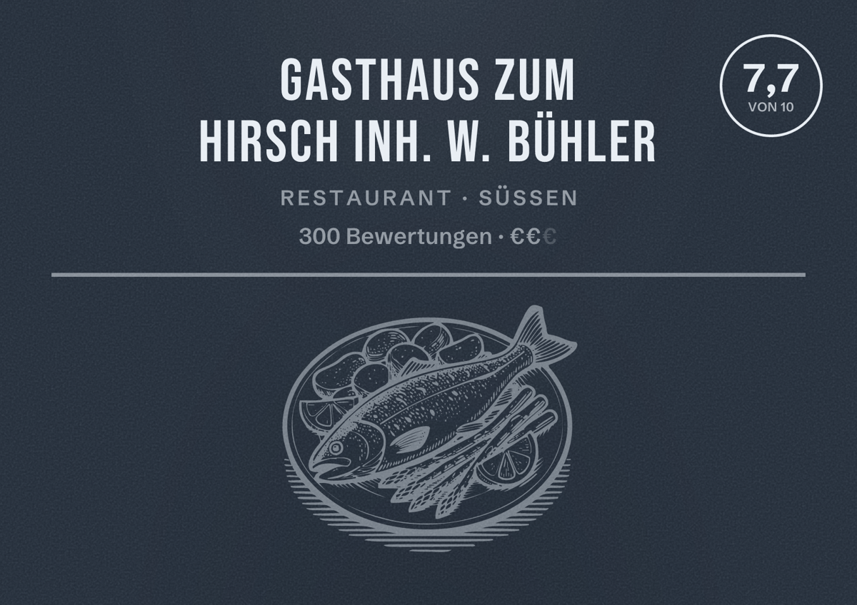 Illustriertes Poster von Gasthaus zum Hirsch Inh. W. Bühler, Restaurant in Süßen: Bewertung 7,7 von 10 aus 300 Bewertungen, Preisniveau €€