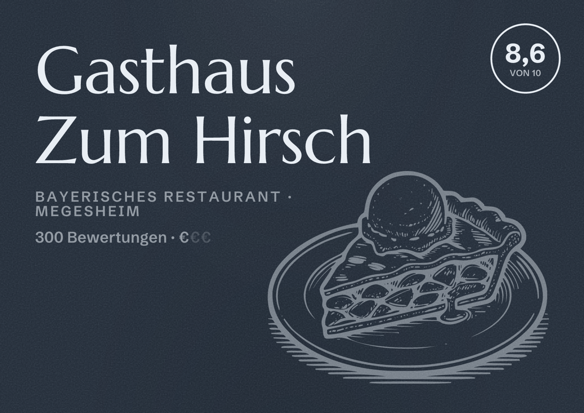 Illustriertes Poster von Gasthaus Zum Hirsch, Bayerisches Restaurant in Megesheim: Bewertung 8,6 von 10 aus 300 Bewertungen, Preisniveau €