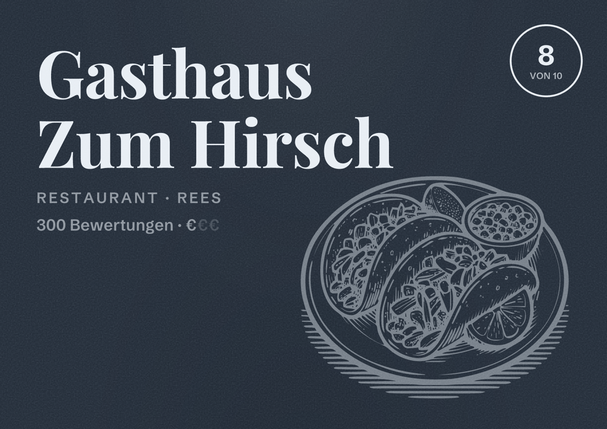 Illustriertes Poster von Gasthaus Zum Hirsch, Restaurant in Rees: Bewertung 8 von 10 aus 300 Bewertungen, Preisniveau €