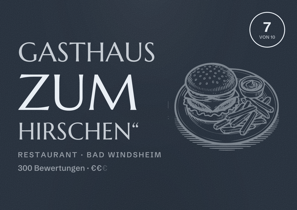 Illustriertes Poster von Gasthaus Zum Hirschen“, Restaurant in Bad Windsheim: Bewertung 7 von 10 aus 300 Bewertungen, Preisniveau €€