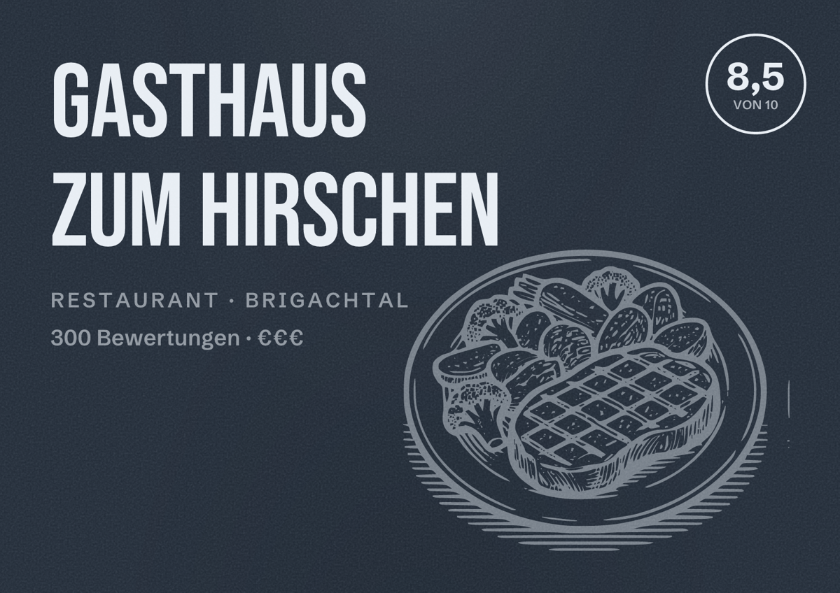 Illustriertes Poster von Gasthaus zum Hirschen, Restaurant in Brigachtal: Bewertung 8,5 von 10 aus 300 Bewertungen, Preisniveau €€€