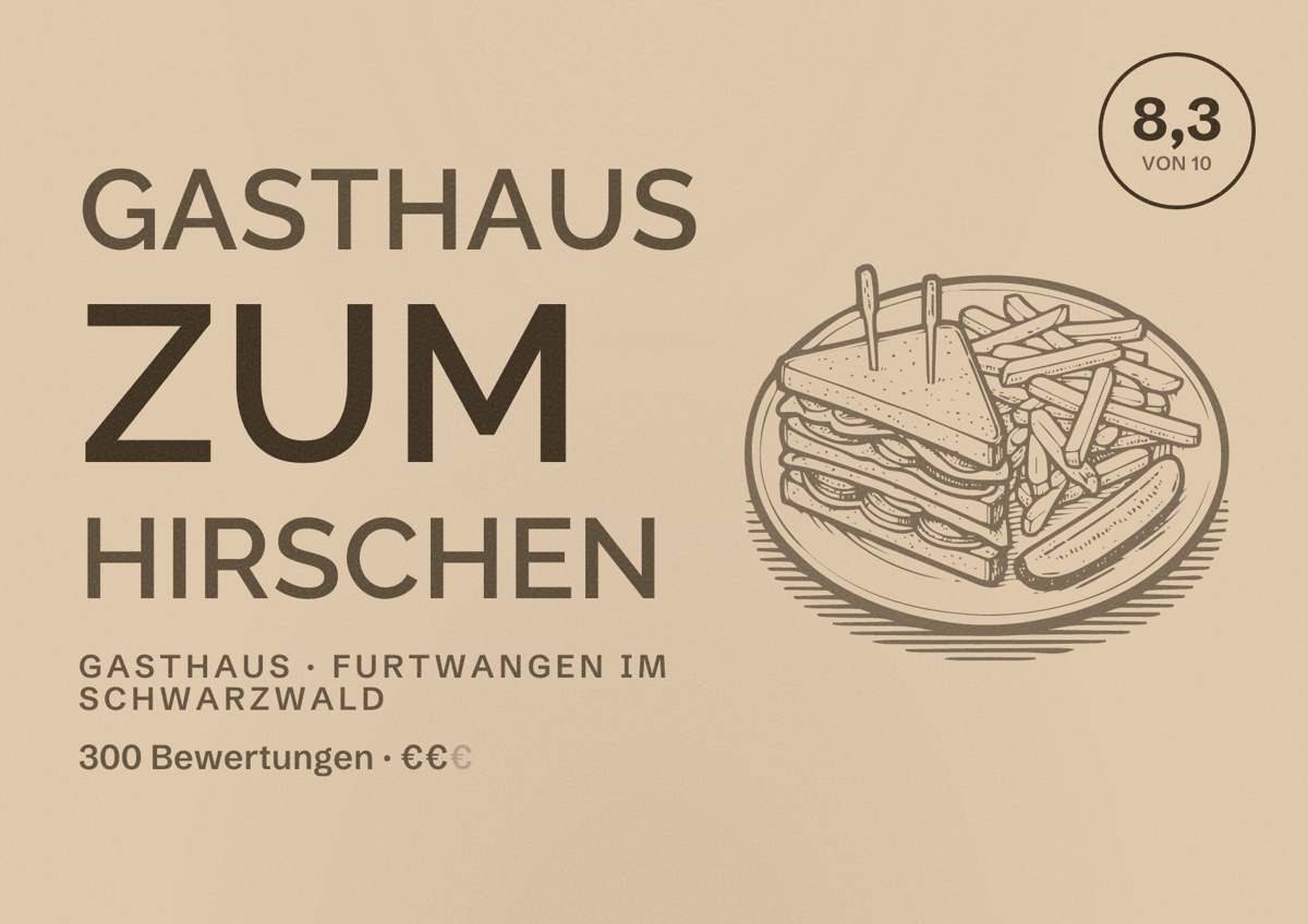 Illustriertes Poster von Gasthaus zum Hirschen, Gasthaus in Furtwangen im Schwarzwald: Bewertung 8,3 von 10 aus 300 Bewertungen, Preisniveau €€