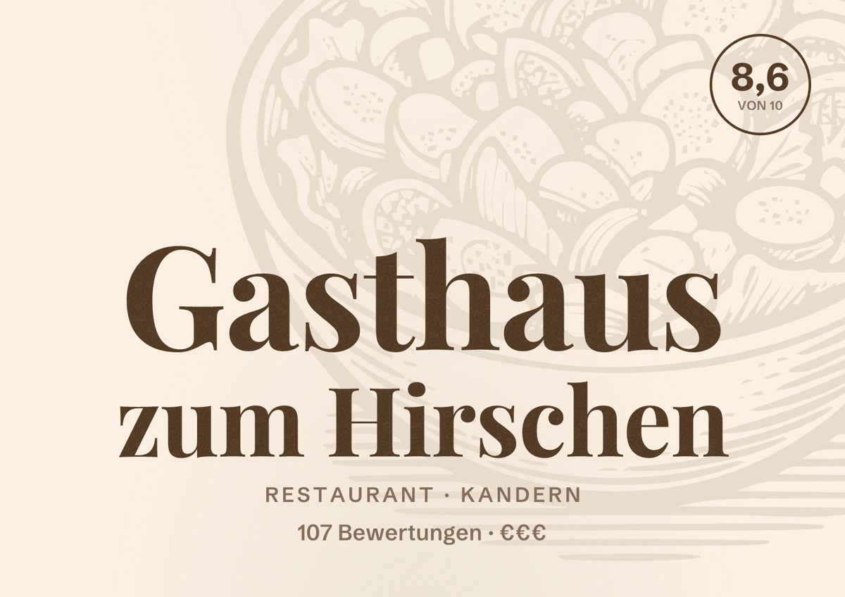 Illustriertes Poster von Gasthaus zum Hirschen, Restaurant in Kandern: Bewertung 8,6 von 10 aus 107 Bewertungen, Preisniveau €€€