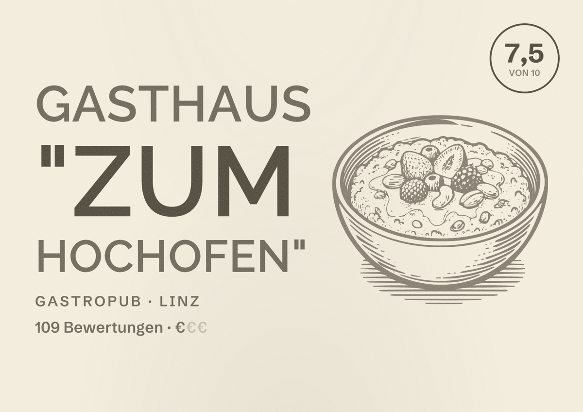 Illustriertes Poster von Gasthaus "Zum Hochofen", Gastropub in Linz: Bewertung 7,5 von 10 aus 109 Bewertungen, Preisniveau €