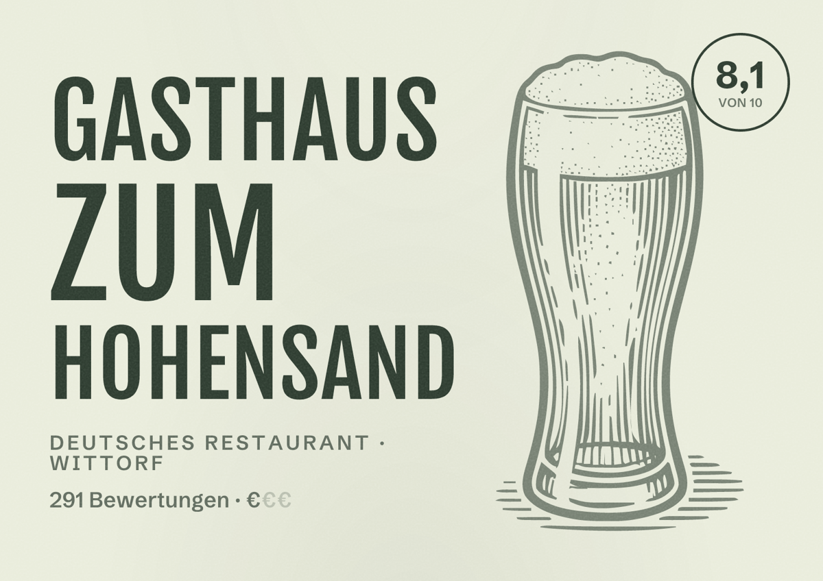 Illustriertes Poster von Gasthaus Zum Hohensand, Deutsches Restaurant in Wittorf: Bewertung 8,1 von 10 aus 291 Bewertungen, Preisniveau €