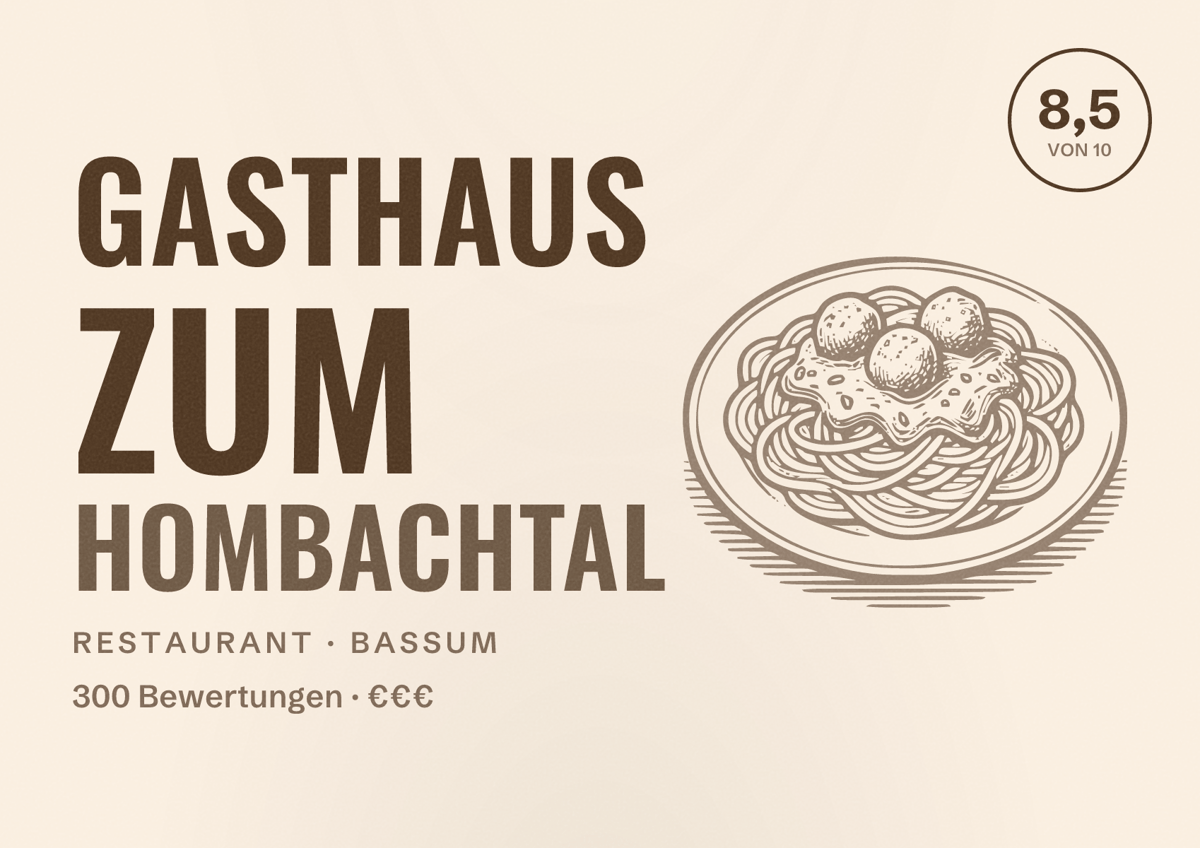 Illustriertes Poster von Gasthaus zum Hombachtal, Restaurant in Bassum: Bewertung 8,5 von 10 aus 300 Bewertungen, Preisniveau €€€