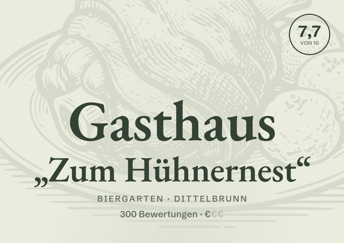 Illustriertes Poster von Gasthaus „Zum Hühnernest“, Biergarten in Dittelbrunn: Bewertung 7,7 von 10 aus 300 Bewertungen, Preisniveau €