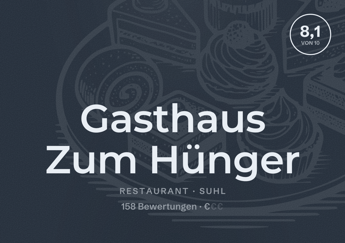 Illustriertes Poster von Gasthaus Zum Hünger, Restaurant in Suhl: Bewertung 8,1 von 10 aus 158 Bewertungen, Preisniveau €