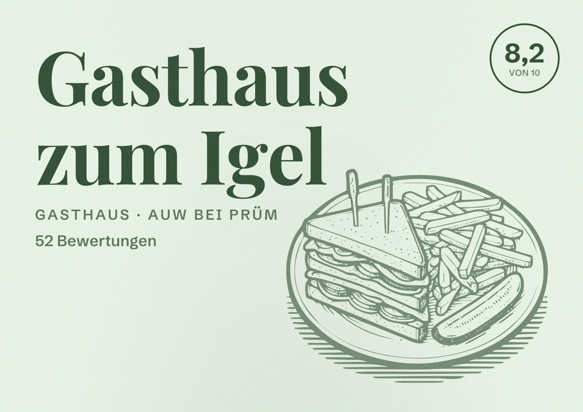 Illustriertes Poster von Gasthaus zum Igel, Gasthaus in Auw bei Prüm: Bewertung 8,2 von 10 aus 52 Bewertungen