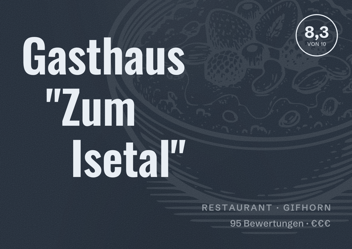Illustriertes Poster von Gasthaus "Zum Isetal", Restaurant in Gifhorn: Bewertung 8,3 von 10 aus 95 Bewertungen, Preisniveau €€€