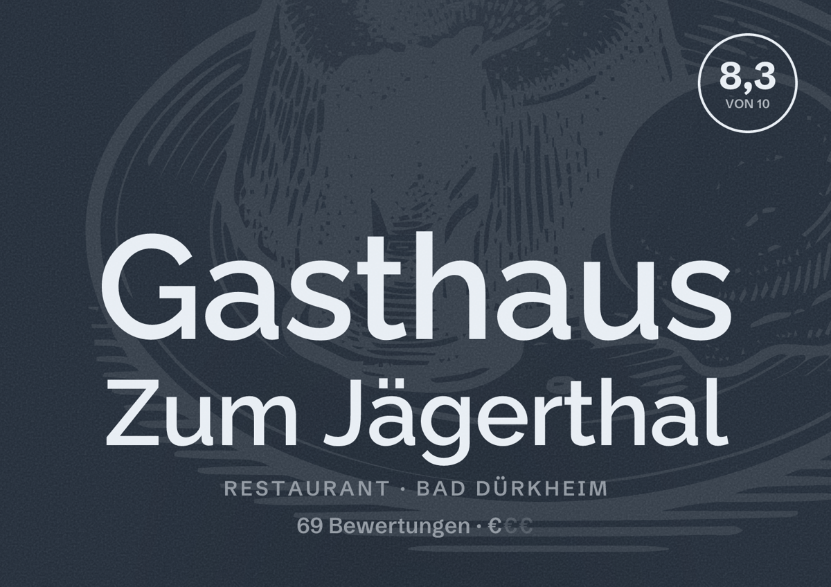 Illustriertes Poster von Gasthaus Zum Jägerthal, Restaurant in Bad Dürkheim: Bewertung 8,3 von 10 aus 69 Bewertungen, Preisniveau €