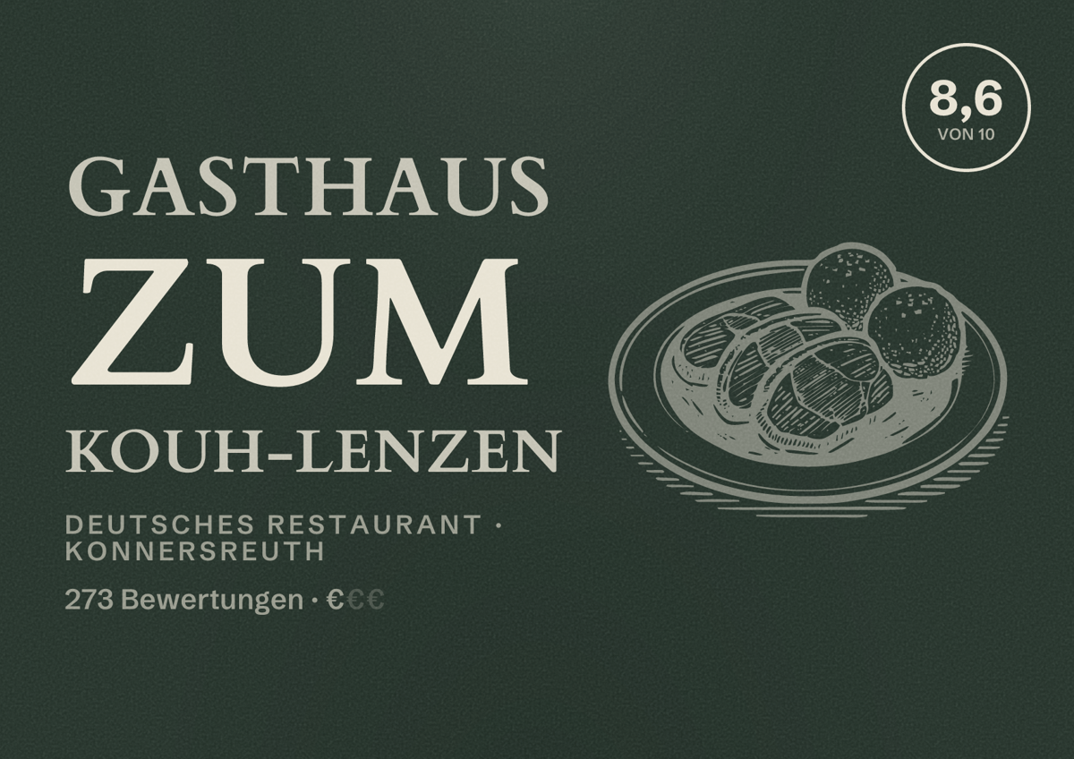Illustriertes Poster von Gasthaus Zum Kouh-Lenzen, Deutsches Restaurant in Konnersreuth: Bewertung 8,6 von 10 aus 273 Bewertungen, Preisniveau €