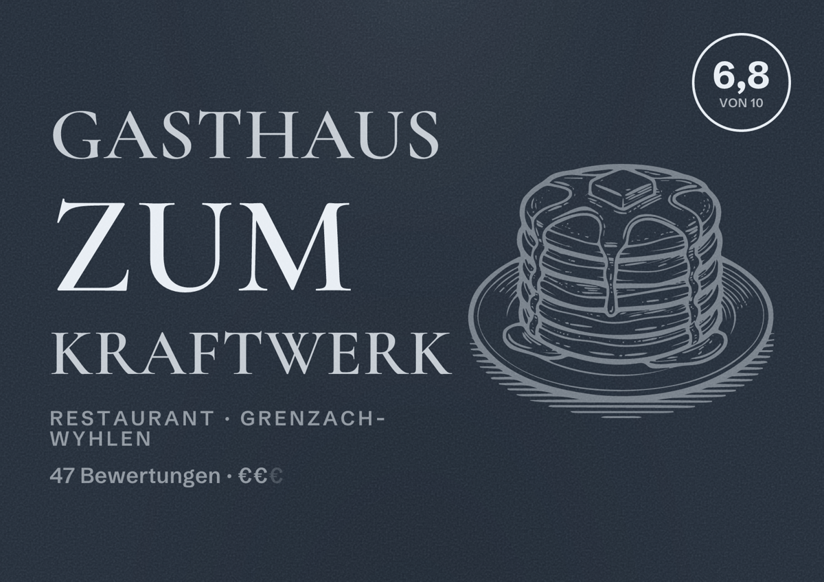 Illustriertes Poster von Gasthaus zum Kraftwerk, Restaurant in Grenzach-Wyhlen: Bewertung 6,8 von 10 aus 47 Bewertungen, Preisniveau €€