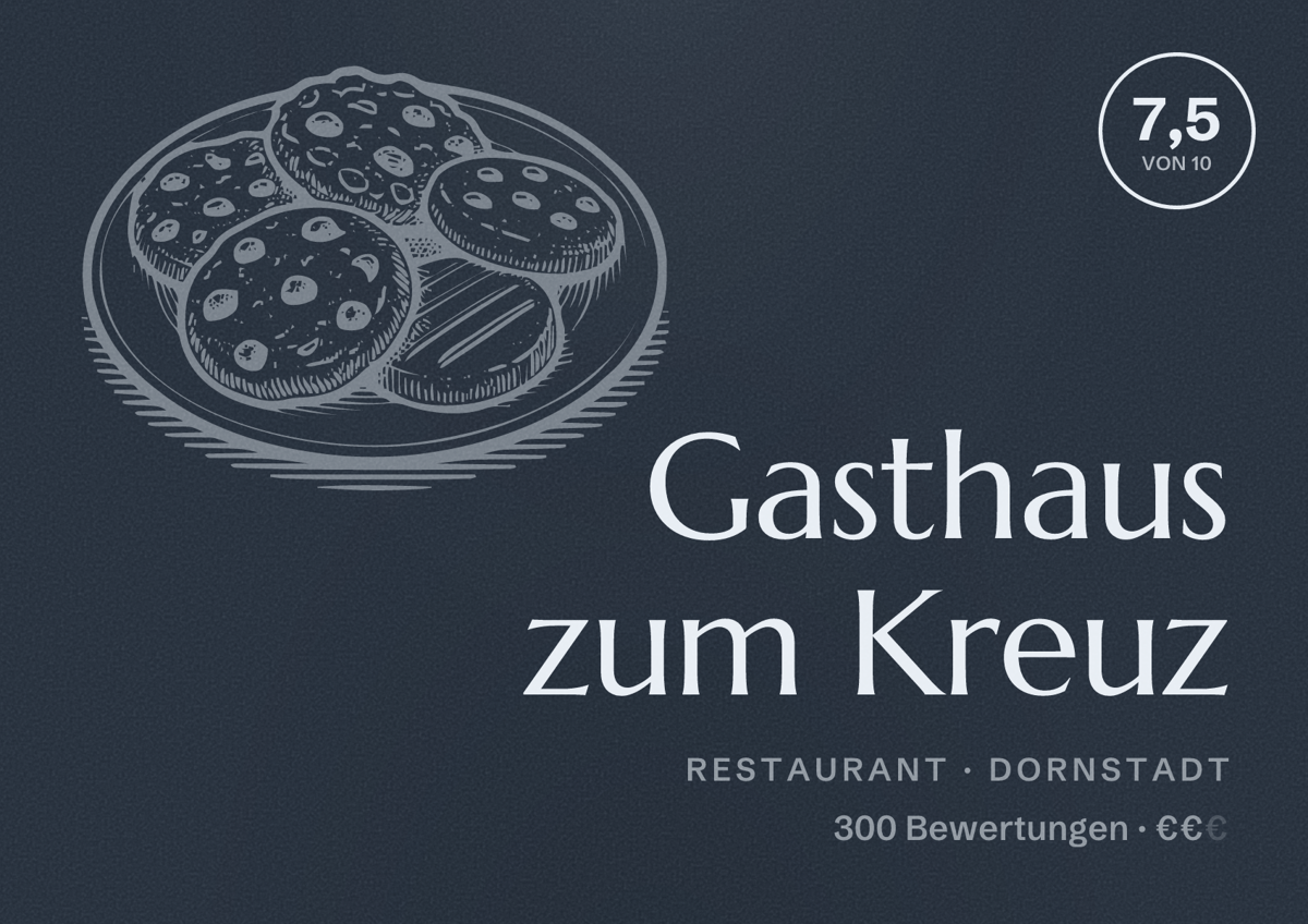 Illustriertes Poster von Gasthaus zum Kreuz, Restaurant in Dornstadt: Bewertung 7,5 von 10 aus 300 Bewertungen, Preisniveau €€