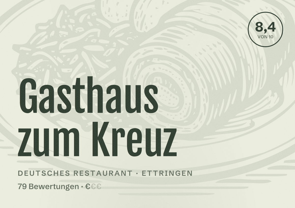 Illustriertes Poster von Gasthaus zum Kreuz, Deutsches Restaurant in Ettringen: Bewertung 8,4 von 10 aus 79 Bewertungen, Preisniveau €