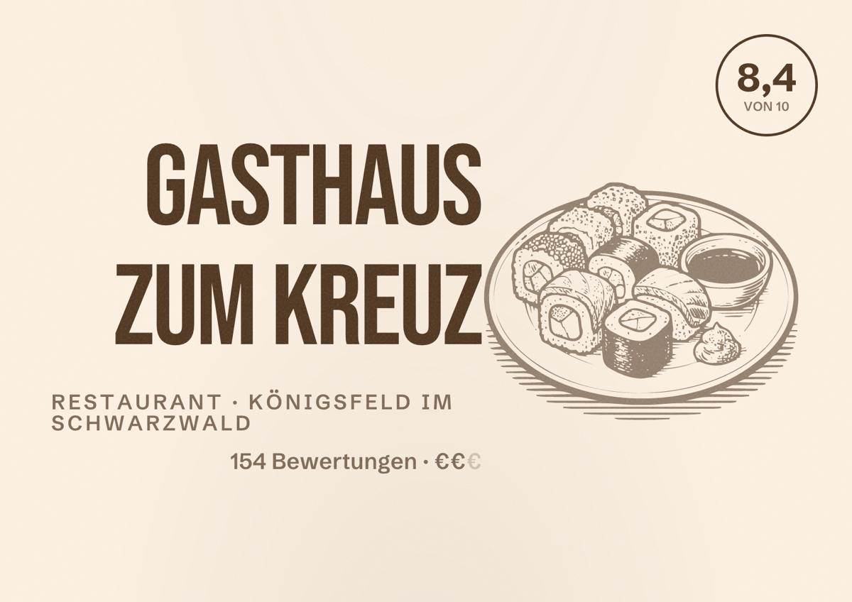 Illustriertes Poster von Gasthaus zum Kreuz, Restaurant in Königsfeld im Schwarzwald: Bewertung 8,4 von 10 aus 154 Bewertungen, Preisniveau €€