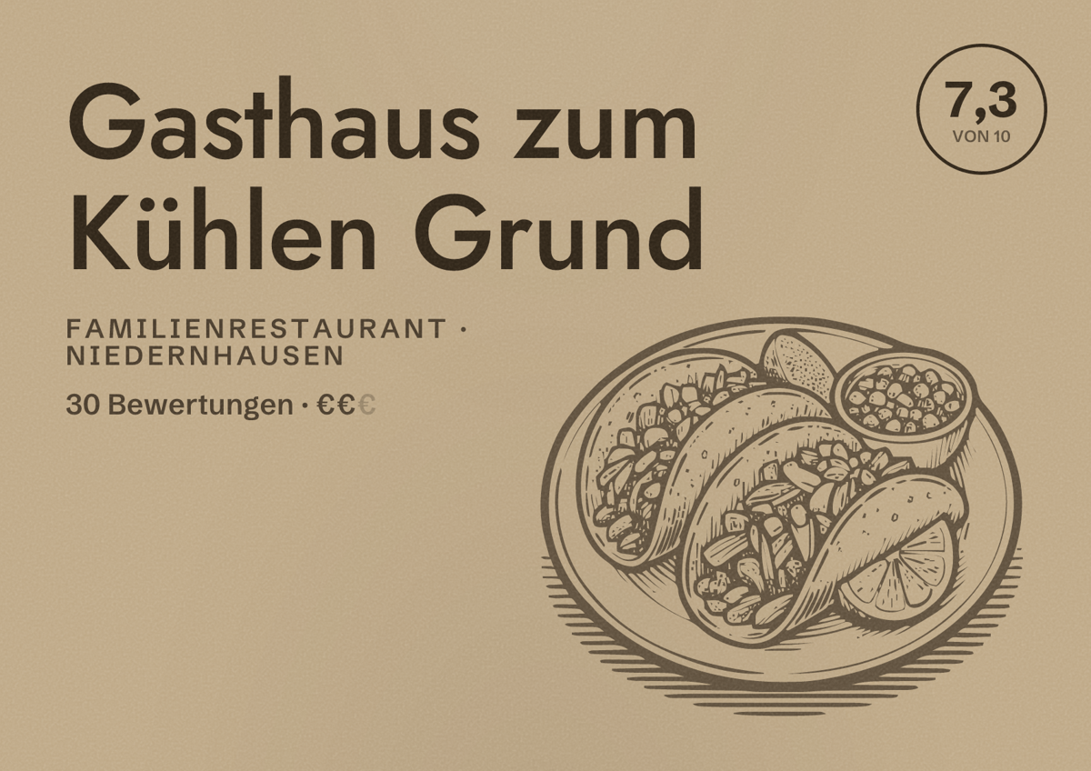 Illustriertes Poster von Gasthaus zum Kühlen Grund, Familienrestaurant in Niedernhausen: Bewertung 7,3 von 10 aus 30 Bewertungen, Preisniveau €€