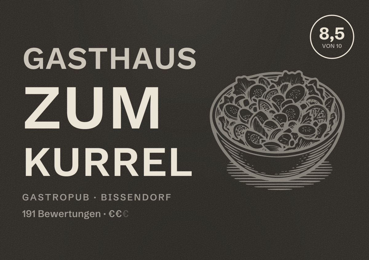 Illustriertes Poster von Gasthaus Zum Kurrel, Gastropub in Bissendorf: Bewertung 8,5 von 10 aus 191 Bewertungen, Preisniveau €€